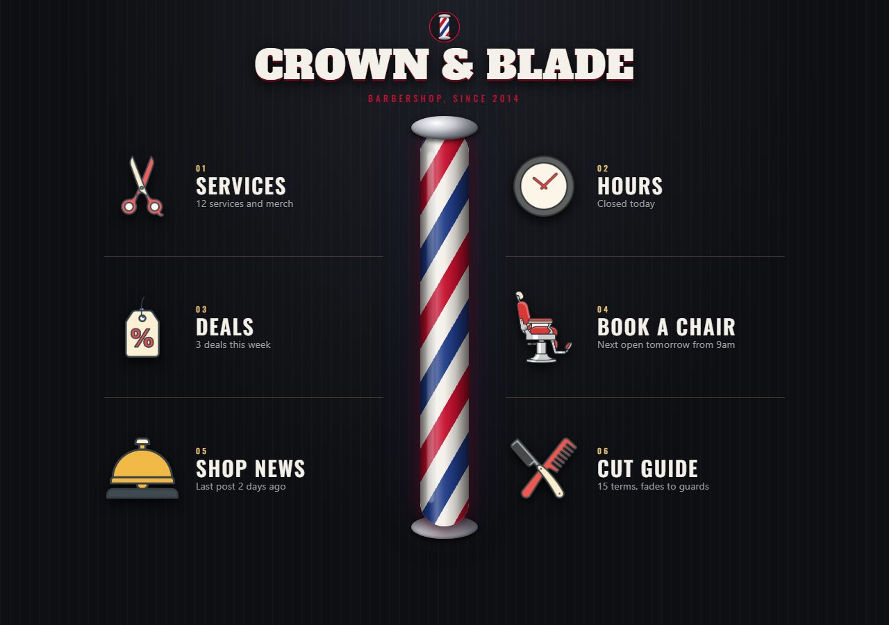 Crown & Blade barbershop demo on a desktop