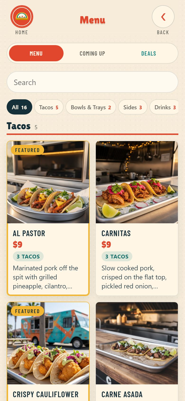 Menu on the food truck demo